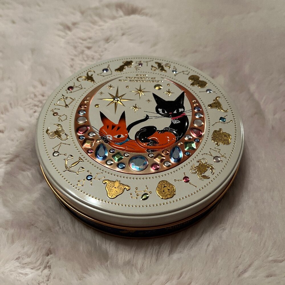 Pretty Tin Box With Zodiac Signs and Cats Empty, Japan